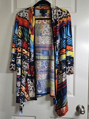 Frank Lyman Women's Kimono Jacket Mixed Print Multicolor Open Front Sz 18